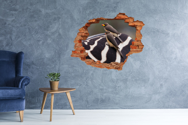 Adesivo effetto buco nel muro Uccelli sul dorso di una zebra