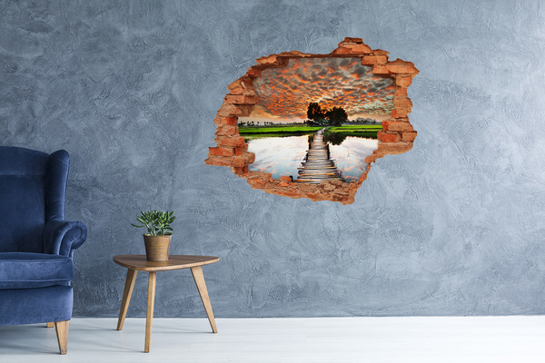 Adesivo murale buco 3D Tramonto sullo stagno