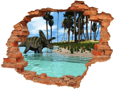 Adesivo murale buco 3D Dinosauro in un paradiso tropicale