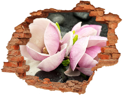 Adesivo murale buco 3D Fiori di magnolia sbocciano attraverso un buco nel muro