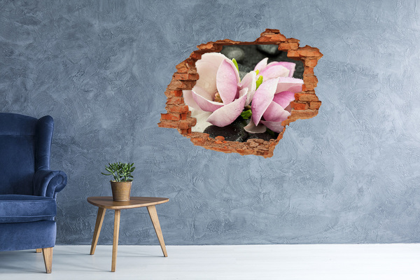 Adesivo murale buco 3D Fiori di magnolia sbocciano attraverso un buco nel muro