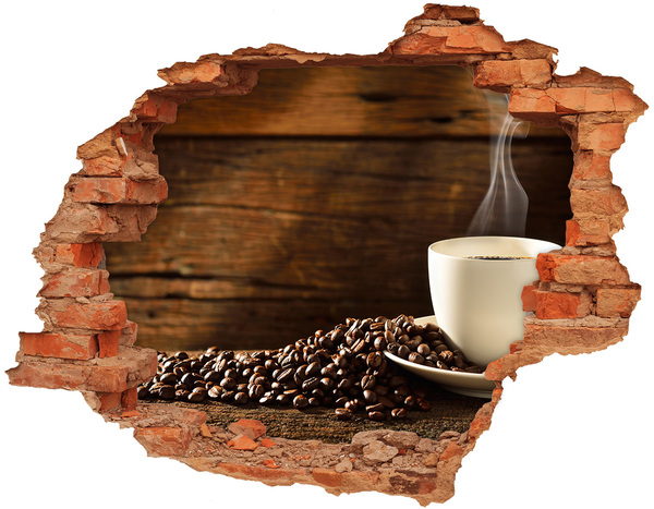 Adesivo effetto buco nel muro Caffè e chicchi su uno sfondo di legno