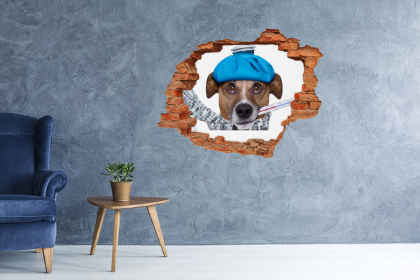 Adesivo effetto buco nel muro Cane malato con il cappello