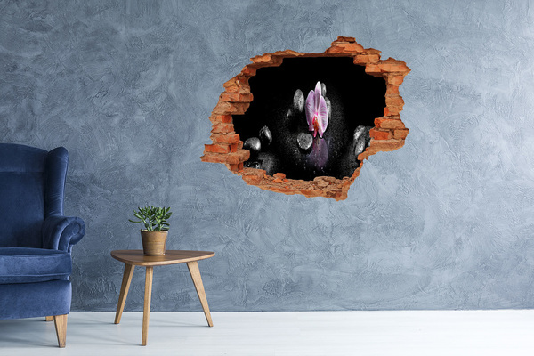 Adesivo murale buco 3D Fiore di orchidea circondato da pietre