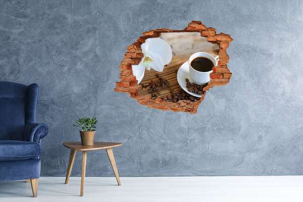 Adesivo murale buco 3D Caffè con fiore d'orchidea