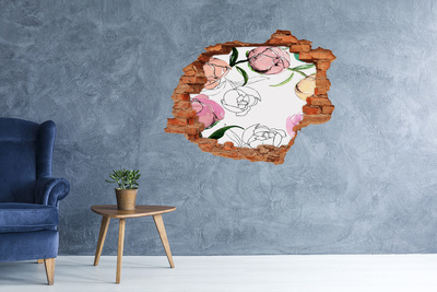 Adesivo con buco sbrecciato Un murale floreale dietro un muro danneggiato