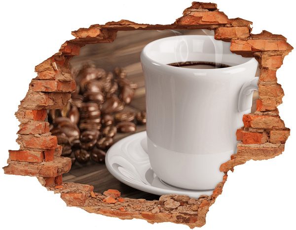 Adesivo murale buco 3D Caffè e chicchi di caffè sullo sfondo del muro