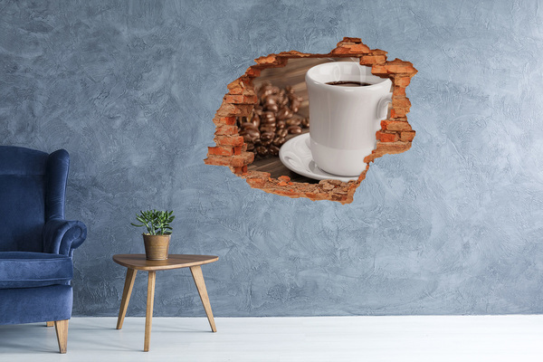 Adesivo murale buco 3D Caffè e chicchi di caffè sullo sfondo del muro