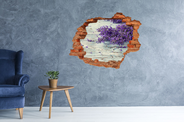 Adesivo murale buco 3D Fiori di lavanda su sfondo di legno