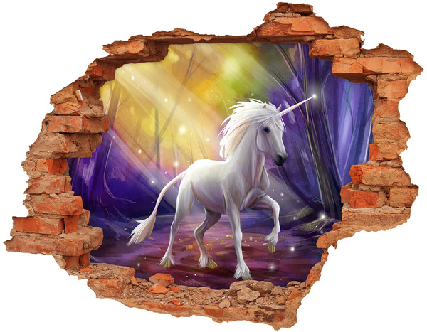 Adesivo murale buco 3D Unicorno nella foresta incantata