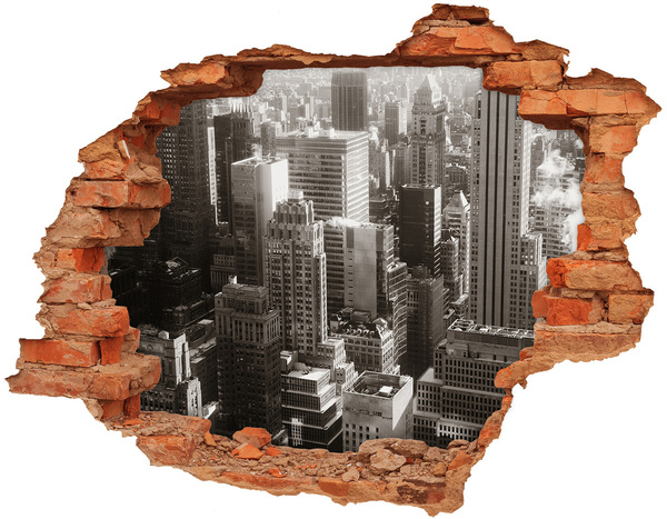 Adesivo con buco sbrecciato Vista della città da un buco nel muro