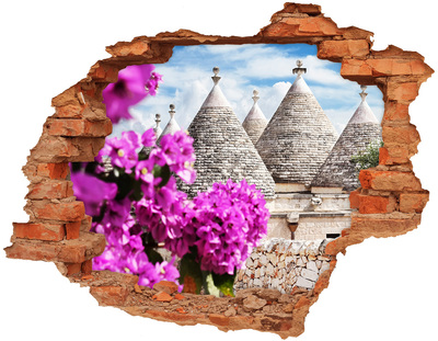 Adesivo murale buco 3D Trulli in Puglia con fiori