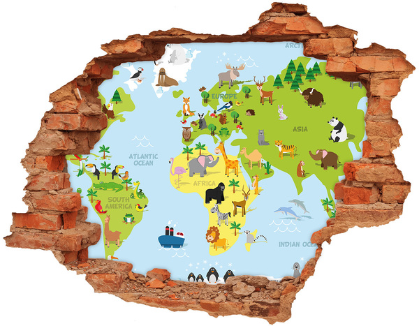 Adesivo murale buco 3D Mappa degli animali del mondo