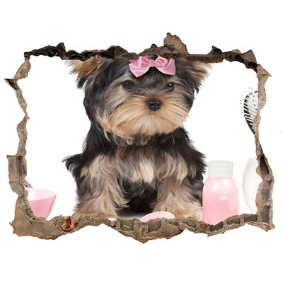 Sticker buco nel muro Un dolce Yorkshire Terrier con un fiocco rosa