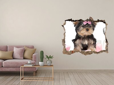 Sticker buco nel muro Un dolce Yorkshire Terrier con un fiocco rosa