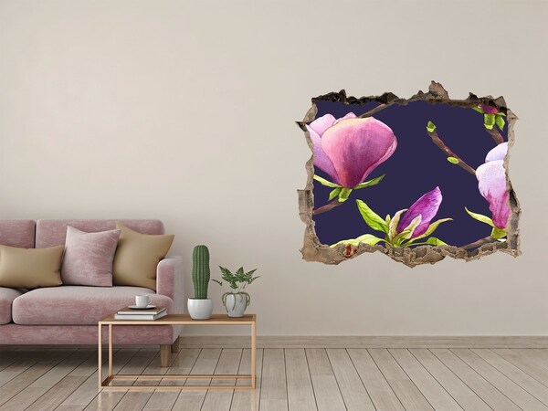 Finto buco nel muro 3D Fiori di magnolia sbocciano attraverso un buco nel muro