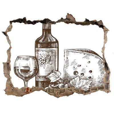 Finto buco nel muro 3D Vino e formaggio sullo sfondo di un muro danneggiato.