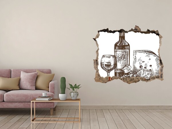 Finto buco nel muro 3D Vino e formaggio sullo sfondo di un muro danneggiato.