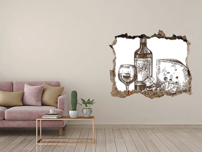 Finto buco nel muro 3D Vino e formaggio sullo sfondo di un muro danneggiato.