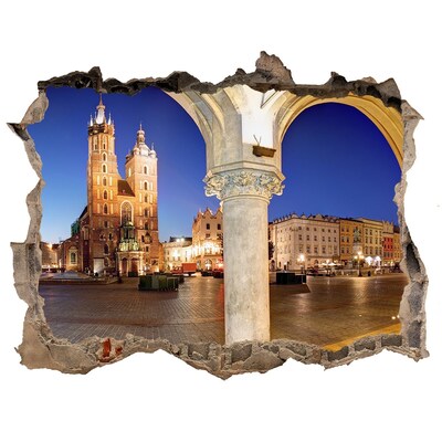 Finto buco nel muro 3D La piazza del mercato principale di Cracovia di notte