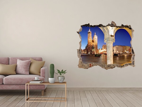 Finto buco nel muro 3D La piazza del mercato principale di Cracovia di notte