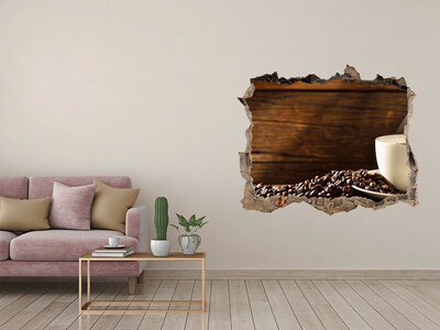 Adesivo buco nel muro Caffè e chicchi su uno sfondo di legno