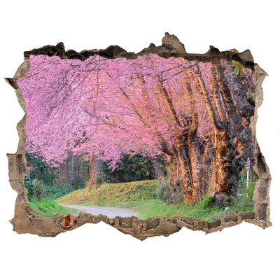 Finto buco nel muro 3D Una passeggiata primaverile tra gli alberi in fiore
