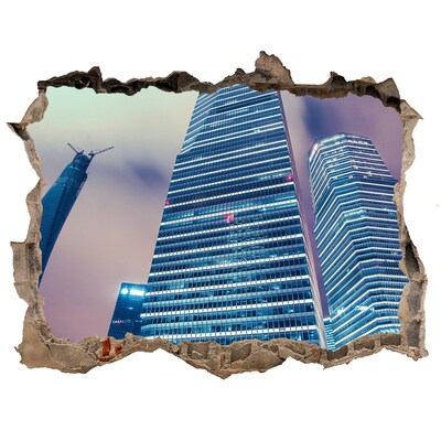 Finto buco nel muro 3D Città moderna vista attraverso un buco nel muro