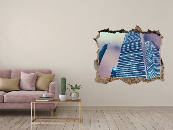 Finto buco nel muro 3D Città moderna vista attraverso un buco nel muro