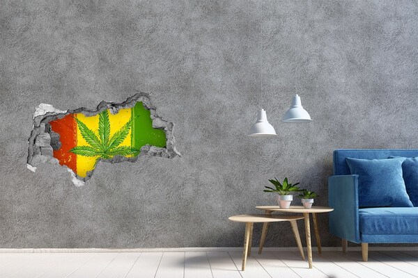 Finto buco nel muro 3D Foglia di cannabis verde su sfondo giallo-rosso-verde