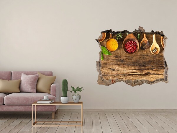 Sticker buco nel muro Spezie da cucina su un piano di lavoro in legno