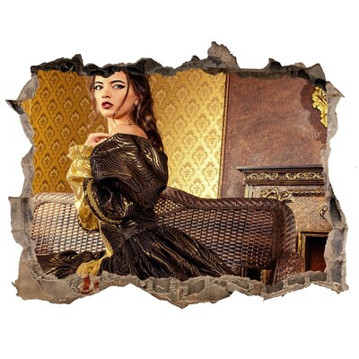 Finto buco nel muro 3D Una donna in un abito elegante in un interno raffinato