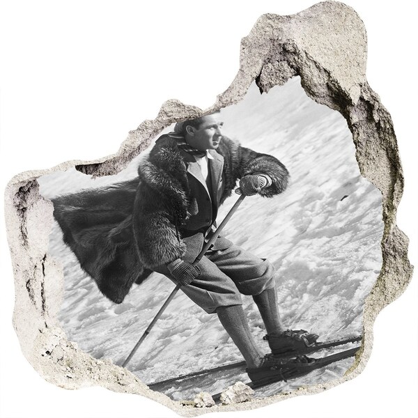 Adesivo effetto buco nel muro Sciatore invernale in stile retrò