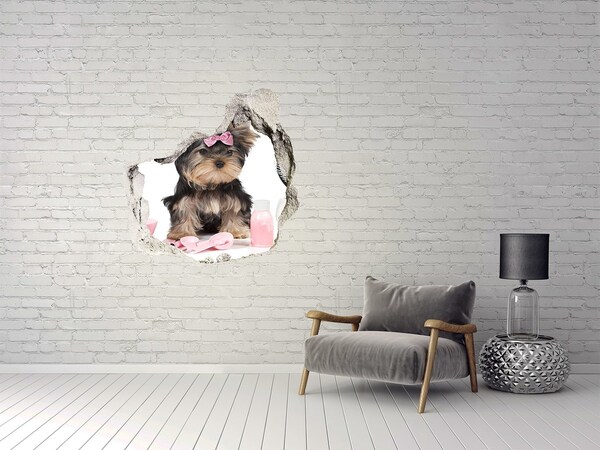 Finto buco nel muro 3D Un dolce Yorkshire Terrier con un fiocco rosa