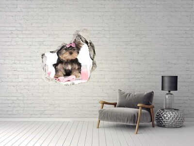 Finto buco nel muro 3D Un dolce Yorkshire Terrier con un fiocco rosa