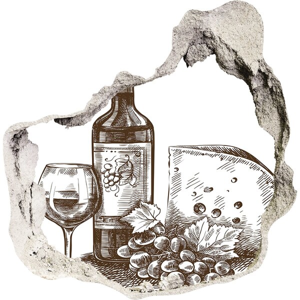 Trompe l'oeil buco nel muro Vino e formaggio sullo sfondo di un muro danneggiato.