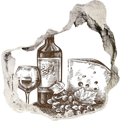 Trompe l'oeil buco nel muro Vino e formaggio sullo sfondo di un muro danneggiato.