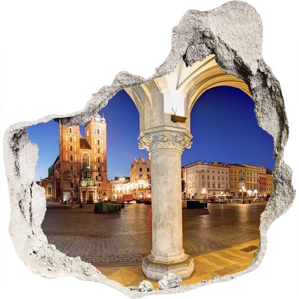 Trompe l'oeil buco nel muro La piazza del mercato principale di Cracovia di notte