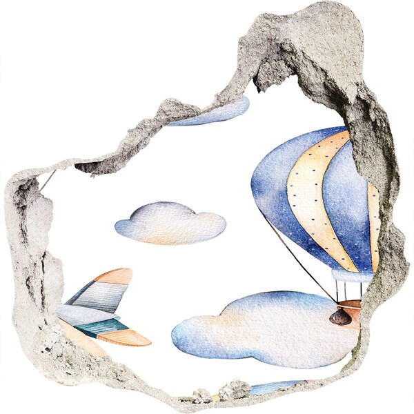 Trompe l'oeil buco nel muro Volo in mongolfiera sopra le nuvole