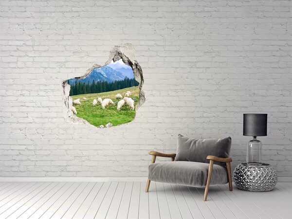 Trompe l'oeil buco nel muro Paesaggio montano con pecore