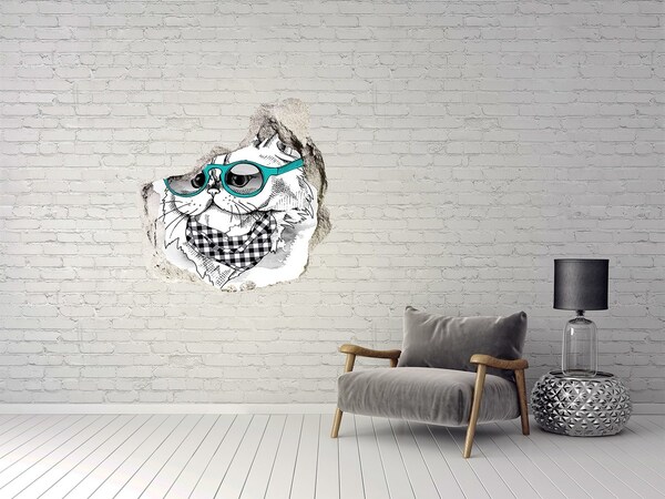 Finto buco nel muro 3D Gatto elegante con gli occhiali