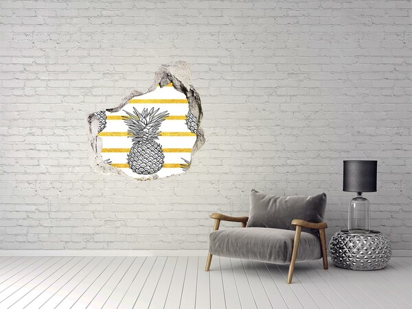 Trompe l'oeil buco nel muro Ananas su sfondo a strisce dorate