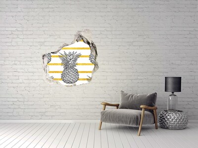 Trompe l'oeil buco nel muro Ananas su sfondo a strisce dorate