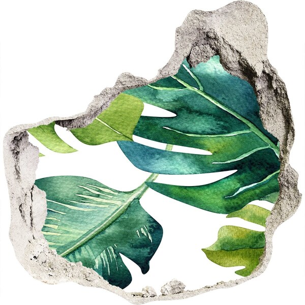 Trompe l'oeil buco nel muro Foglie tropicali verdi su un muro danneggiato
