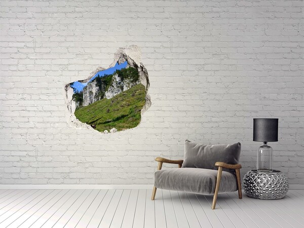 Trompe l'oeil buco nel muro Paesaggio montano visto attraverso un buco nel muro