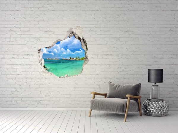 Trompe l'oeil buco nel muro Una spiaggia paradisiaca con acque turchesi