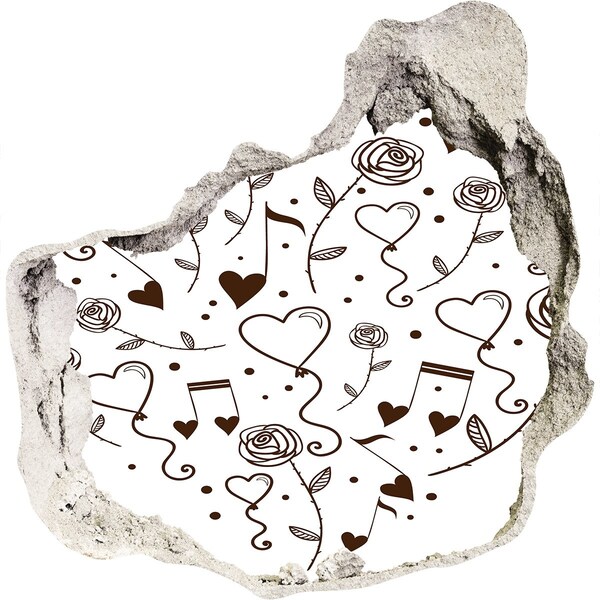 Adesivo effetto buco nel muro Cuori e rose musicali
