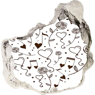 Adesivo effetto buco nel muro Cuori e rose musicali