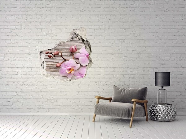 Trompe l'oeil buco nel muro Fiori di orchidea su sfondo di legno