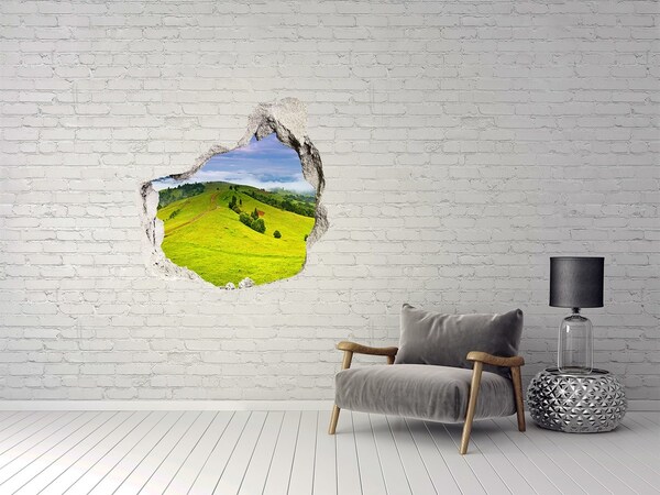 Trompe l'oeil buco nel muro Colline verdi tra le nuvole